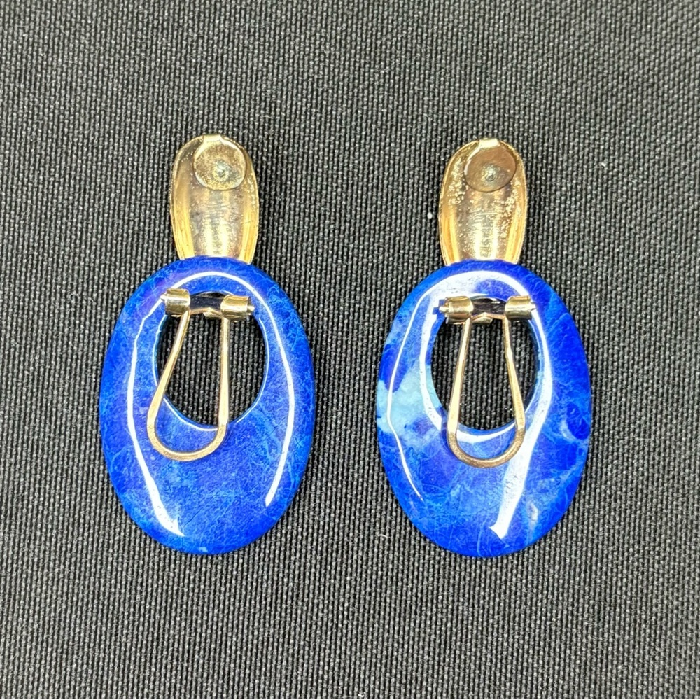 Antique 1.5” Clip-On Earrings, Costume Gold, Blue Acrylic - Picture 2 of 2